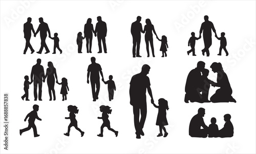 Happy Family Silhouette Vector, Parents and Children Silhouette