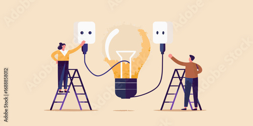 Two people on ladders connecting plugs to a giant glowing light bulb symbolizing teamwork and innovation