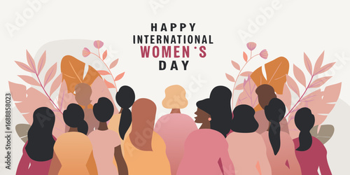 Happy international womens day greeting card with diverse group of women and floral elements