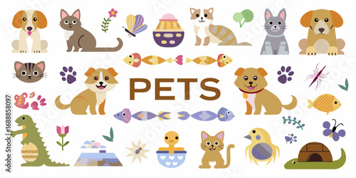 Collection of cute cartoon pets and animals with decorative elements