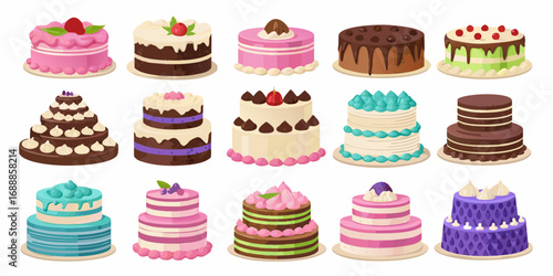 A collection of deliciously decorated layer cakes and tiered desserts in various colors and flavors