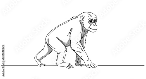 Chimpanzee walking in a simple line drawing illustration  