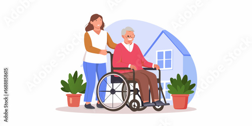 Caring nurse pushing an elderly man in a wheelchair outside a house with plants