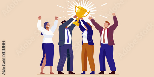 Diverse team of professionals celebrates winning a golden trophy together with raised arms in a triumph