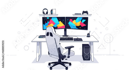 Tableau sur toile A modern gamers computer setup illustration with a white gaming chair, dual monitors, and a PC tower