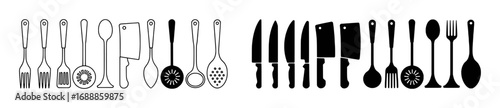 Collection of Kitchen Utensils and Knives: Icons for Cooking and Food Preparation