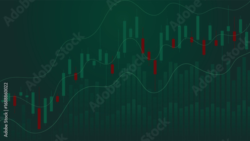Dark trading chart background featuring green and red candlestick bars with financial growth lines, ideal for finance, stock market, cryptocurrency, business and trading projects