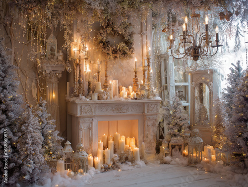 Cozy, elegant room is adorned with beautifully decorated fireplace surrounded by numerous lit candles, creating warm glow. Snow covered Christmas trees and twinkling lights enhance festive