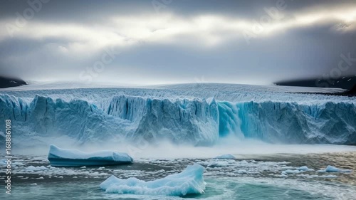 Majestic Ice and Sky A Stunning Landscape of Icebergs, Glaciers, and the vast Arctic Ocean, captured during a cloudy day, video-26