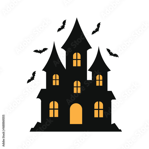 Spooky haunted house with bats silhouette for Halloween design, decoration, party invitations, posters, or digital art