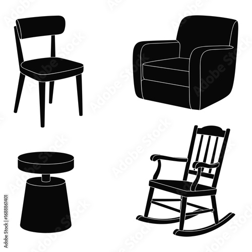 Furniture vector illustration set. Chair, armchair, stool, and rocking chair designs. Interior decor elements.