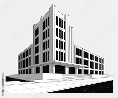 Modern building vector illustration. Architectural design with clean lines and geometric shapes. Urban landscape element.