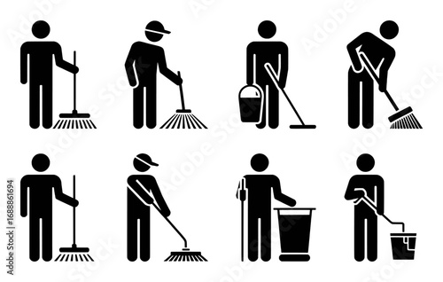 Icon Set: People Cleaning with Brooms, Mops, and Paint Rollers