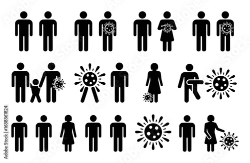 Icons of people and virus symbols, representing infection and social distancing