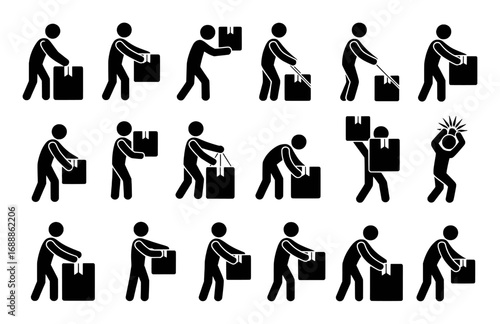 Stick Figure Icon Set: Diverse Poses of Lifting and Carrying Boxes