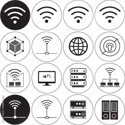 Connectivity, Network, and Blockchain Icons: WiFi, Global Network, and Signal Tower