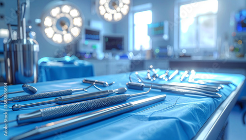 Surgical Tools on a Table: A collection of precisely arranged surgical tools lies on a pristine blue table in a modern, brightly lit operating room.