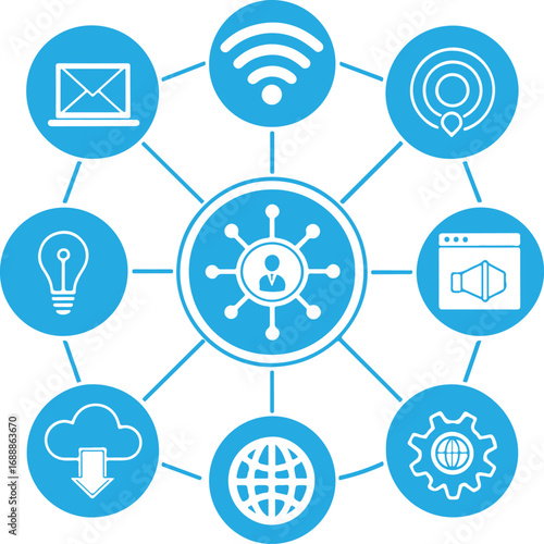 Digital Network and Connectivity Icons: Email, WiFi, Cloud, and System Tools