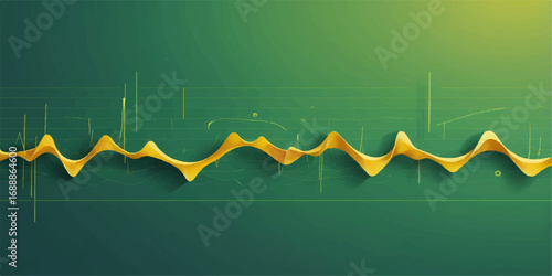 Abstract, colorful background with arrows on a green medical electrocardiogram monitor showing business growth and a healthy market pulse