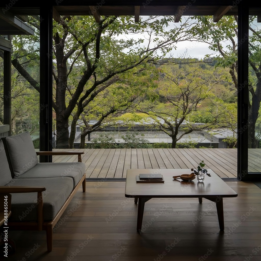 Obraz premium Japanese-style home interior with panoramic window, terrace overlooking trees, minimalist sofa and coffee table, natural light, calm and serene atmosphere