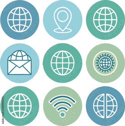Global Connectivity, Location, and Communication Icons: WiFi, Globe, and Email