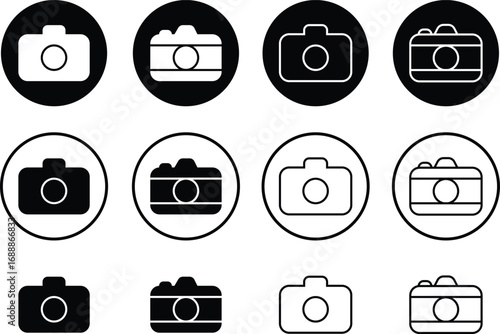 Camera icon set collection group in black flat and line style, photography device symbol pack, photo capture shoot equipment bundle, isolated on transparent background, vector illustration

