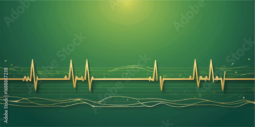 A medical background with a pulsating green ECG wave line showing a healthy heart's rhythm on a healthcare monitor