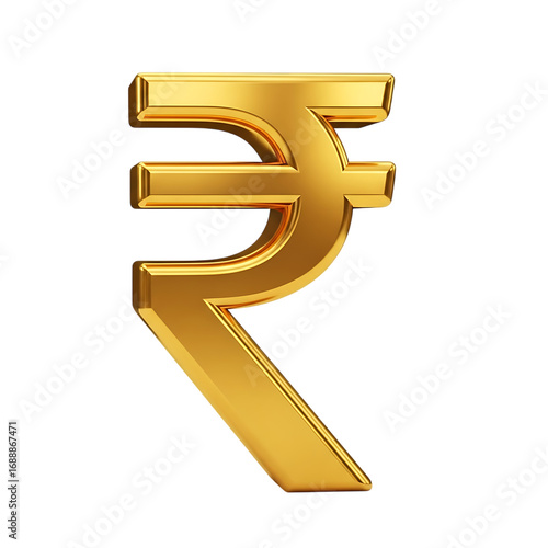 Golden indian rupee symbol isolated on transparent background for finance