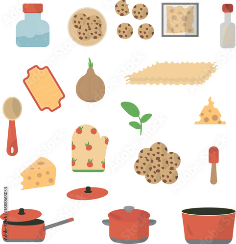 Flat vector set of kitchen elements with cooking utensils, pots, cheese, onion, cookies and lasagna ingredients. Perfect for food packaging, menus, textile and decor