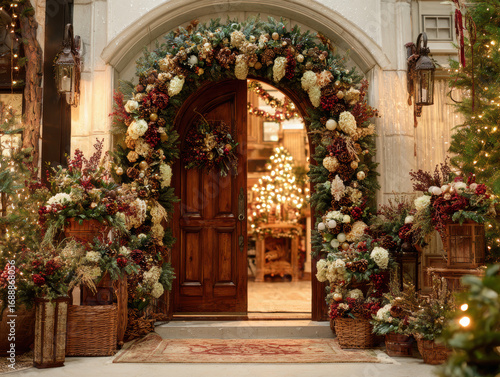 Wallpaper Mural Beautifully decorated entrance features wooden door adorned with lush garland of flowers and greenery, creating warm and inviting holiday atmosphere. Baskets and lanterns add to festive charm Torontodigital.ca