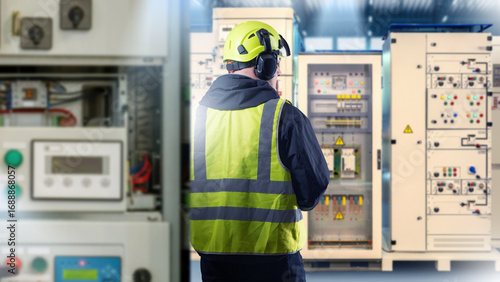 Electrical engineering, technician in safety gear inspecting control panels at power distribution room, electricity, maintenance, energy industry