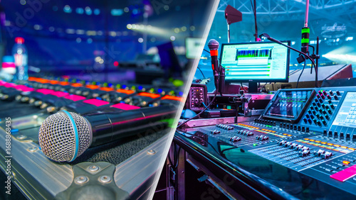 Fotografia Concert audio equipment, microphone, sound mixer and control panel with digital