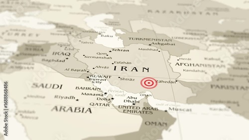 Earthquake Risk Zones in Iran– 4K Satellite View with Seismic Wave Animation. The camera slowly zooms in on the map, highlighting a red circle indicating the seismic hazard zone. 