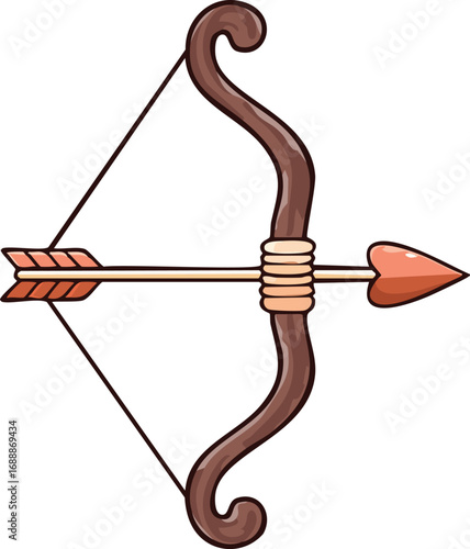 A cartoon illustration of a brown bow and arrow, ready for archery.