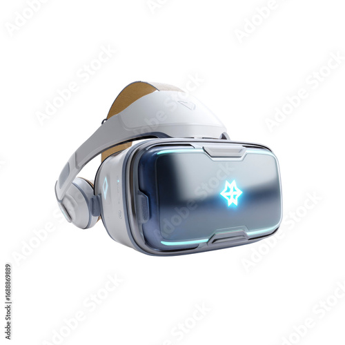 Futuristic White Virtual Reality Headset with Glowing Blue Interface