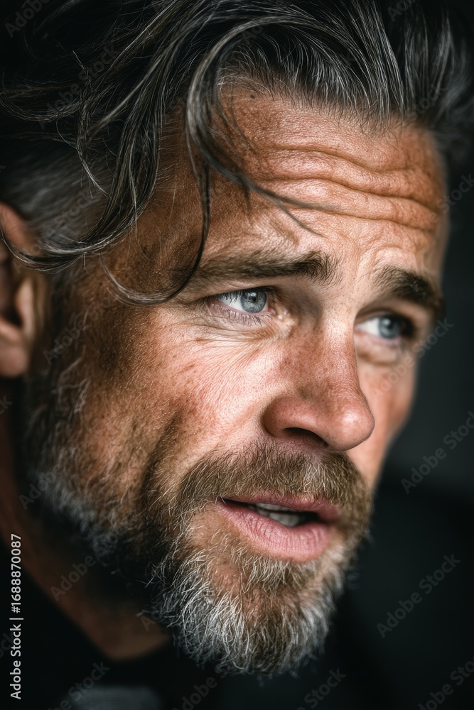 Fototapeta premium Middle-aged man talking passionately during an interview or conversation. The style of the photograph is reminiscent of glossy magazines, soft cinematic lighting that highlights details and textures 