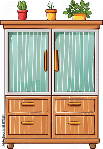 A cartoon illustration depicts a wooden cabinet with glass doors and drawers, topped with potted plants.