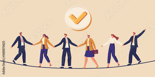 Diverse group of business professionals holding hands walking a tightrope with a checkmark symbol above