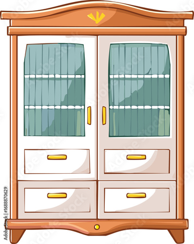 Illustration of a wooden cabinet with glass doors, shelves, and drawers, featuring gold handles and decorative accents.