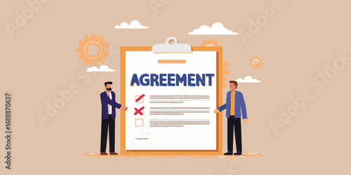 Two businessmen review a large agreement document with checkboxes and gears in the background