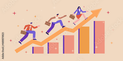 Diverse business professionals running up an upward trending graph symbolizing growth and success