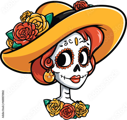 La Calavera Catrina for Dia de los Muertos, a Sugar Skull Woman Vector Illustration with a Transparent Background
