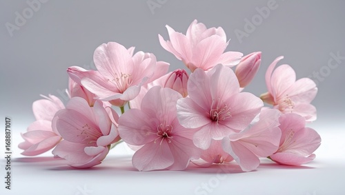 Pink cherry blossom flowers arranged on a white surface with a soft gray background.