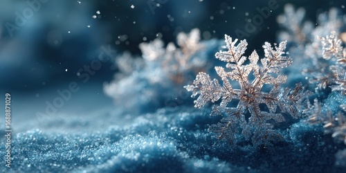 Sparkling snowflakes resting on a blue winter landscape with falling snow in a serene atmosphere during a cold season