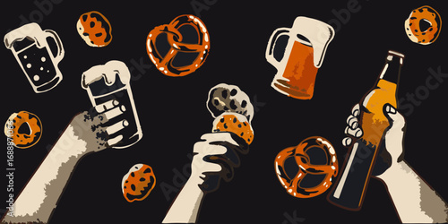 Hands holding beer mugs pretzels and a bottle of beer against a dark background with a playful illustration style