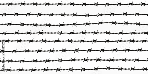 Multiple horizontal lines of black barbed wire arranged in a repeating pattern on a white background