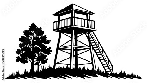 Minimalist graphic of a forest observation tower, triangular base, wooden platform, small roof, black solid silhouette against white background.