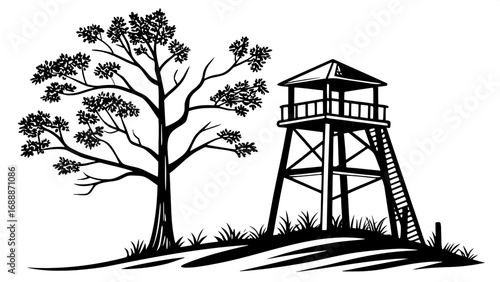 Minimalist graphic of a forest observation tower, triangular base, wooden platform, small roof, black solid silhouette against white background.