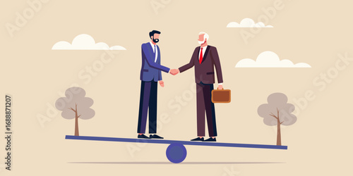 Two businessmen in suits shaking hands on a balanced scale with trees and clouds in the background