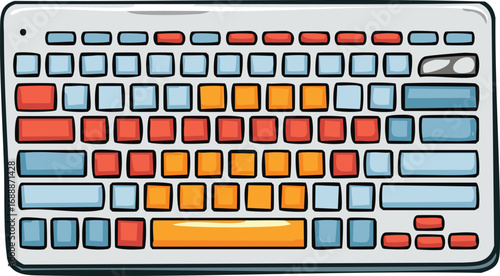 A colorful, stylized illustration of a computer keyboard, showing a top-down view. The keys are arranged in a standard layout with various colors.